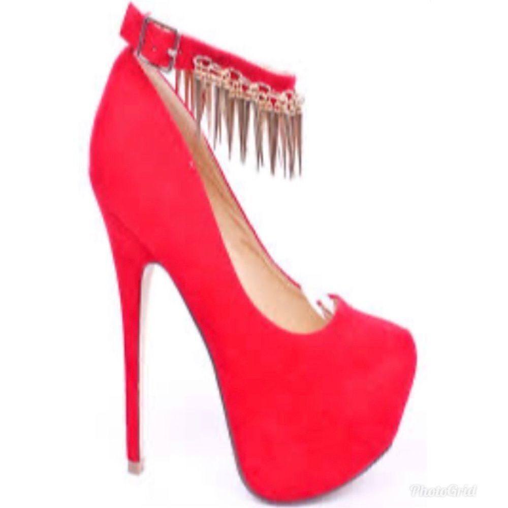Styluxe Red Velvet Suede Platform Spike Ankle Strap Stiletto Heels